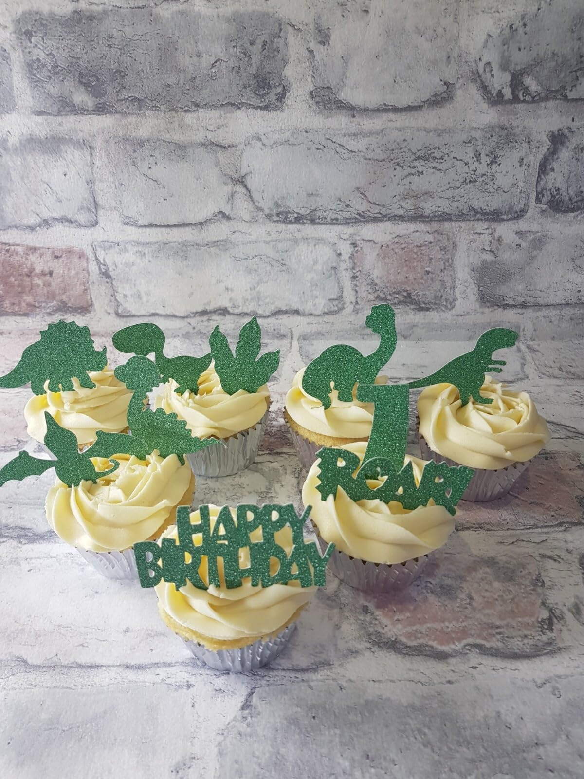 10 Personalised Green Dinosaur Happy Birthday Cupcake Toppers, Party Decoration, 3.5x6 cm