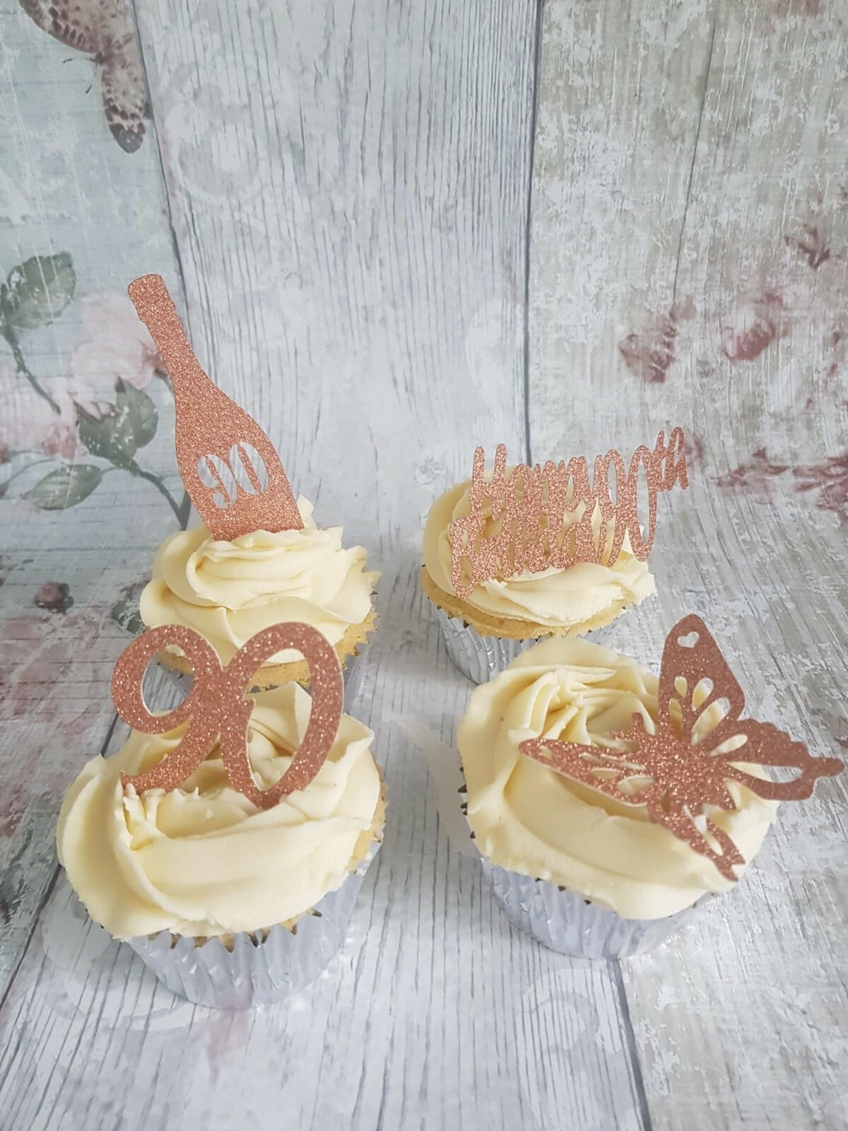 12 Rose Gold Happy 90th Birthday Cupcake Toppers, 4 Designs, Bottles, Numbers, Butterflies