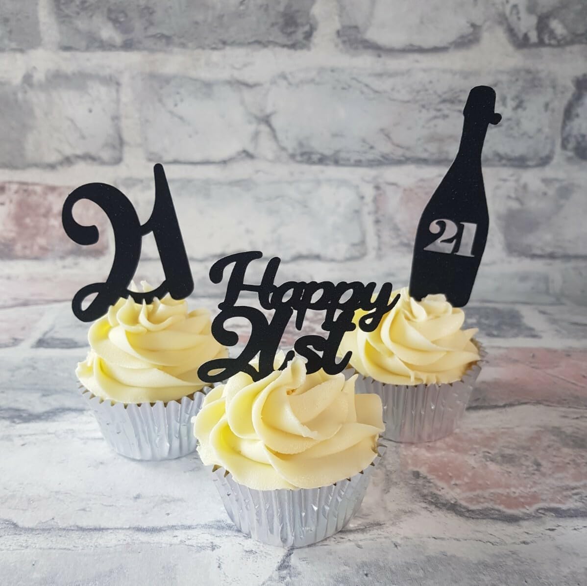 Happy 21st Birthday Cupcake Toppers, Black Glitter, 3 Designs, 12 Pack