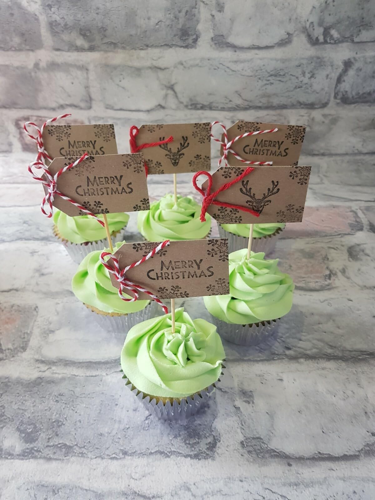 10 Merry Christmas Cupcake Toppers, Reindeer Design, Kraft Cardstock, 6cm x 4cm