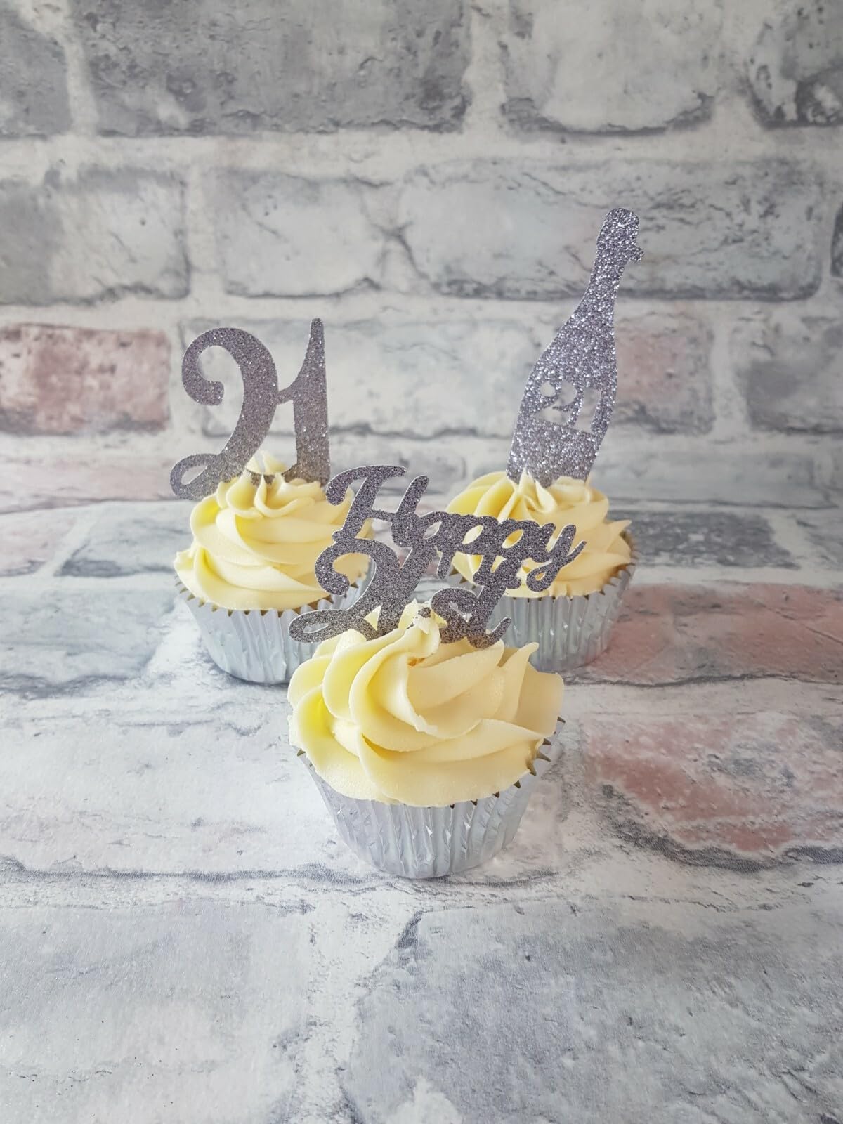 Happy 21st Birthday Cupcake Toppers, Grey Glitter, 3 Designs, 12 Pack
