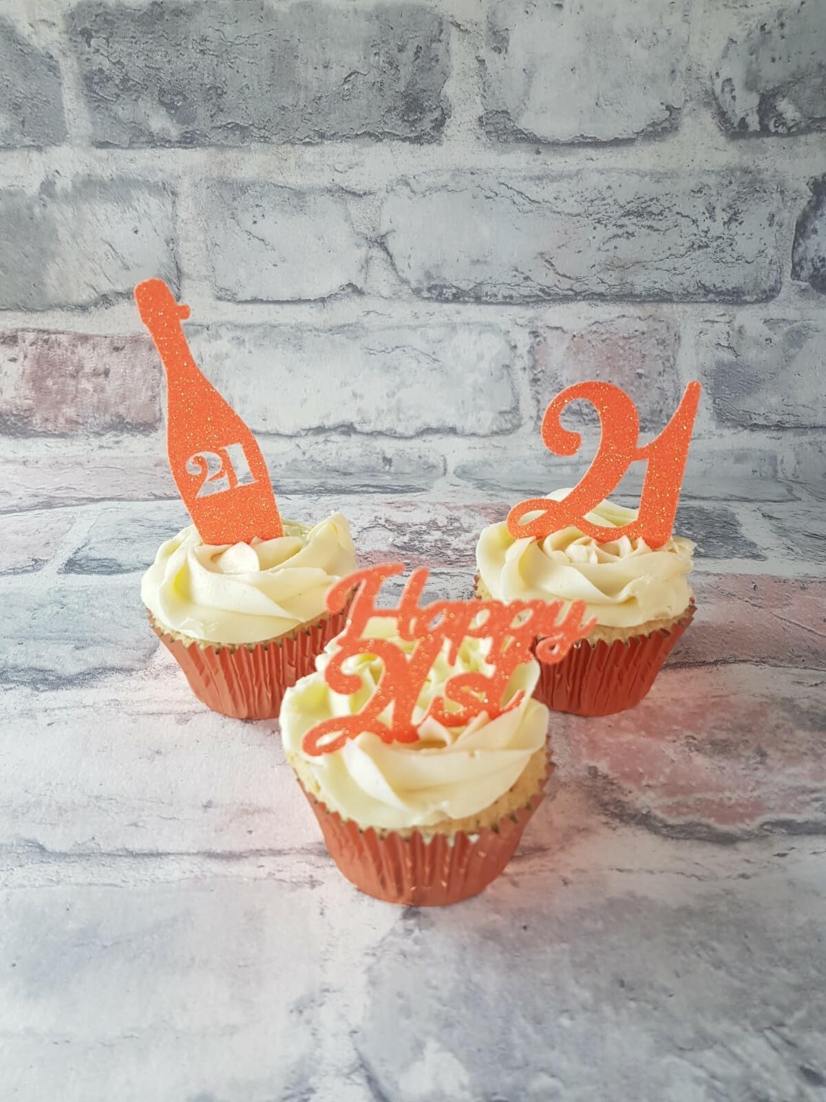 12 Orange Glitter Happy 21st Birthday Cupcake Toppers, 3 Designs, 4 of Each
