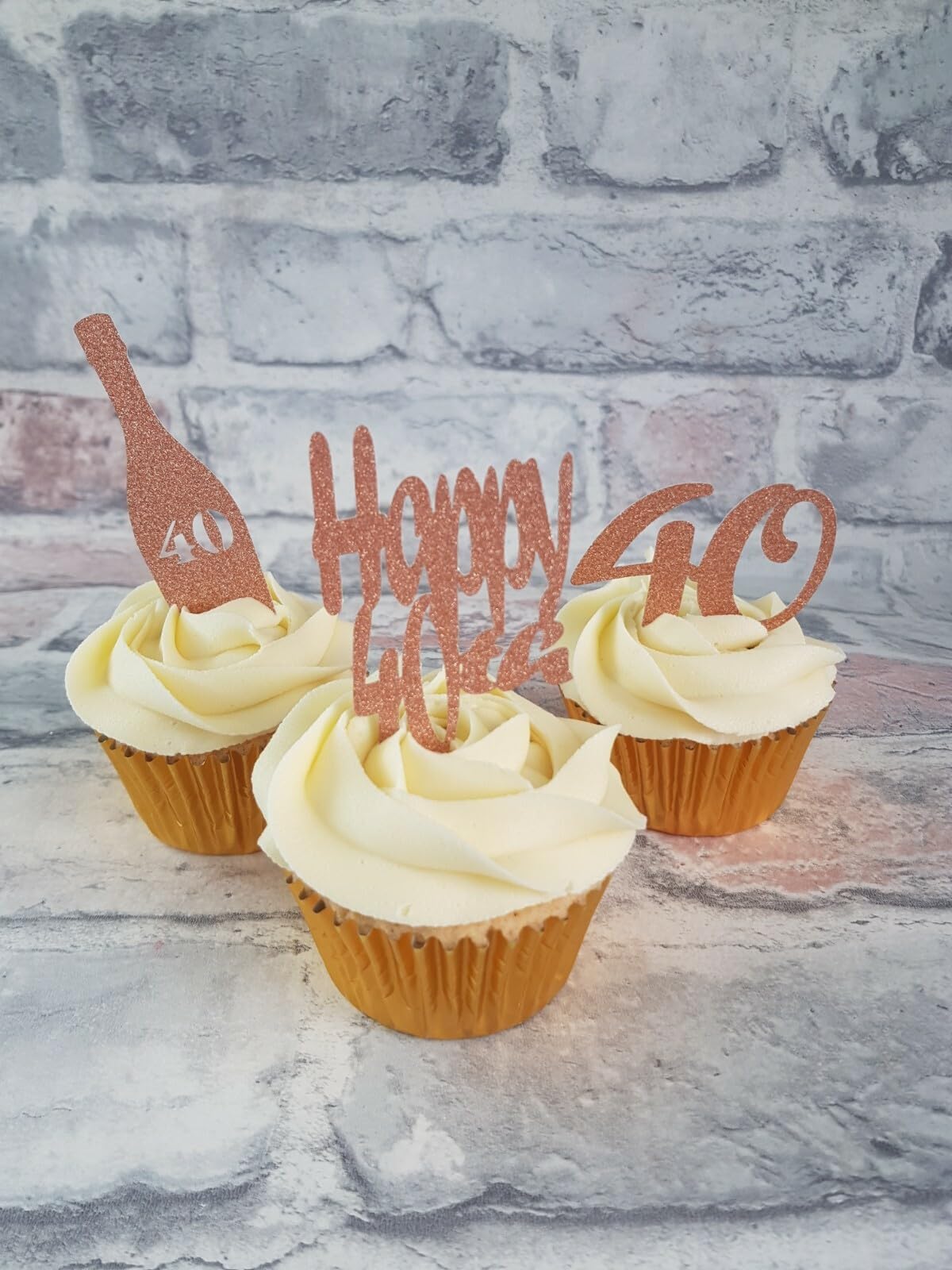 12 Rose Gold Happy 40th Birthday Cupcake Toppers, 3 Designs, 4 of Each