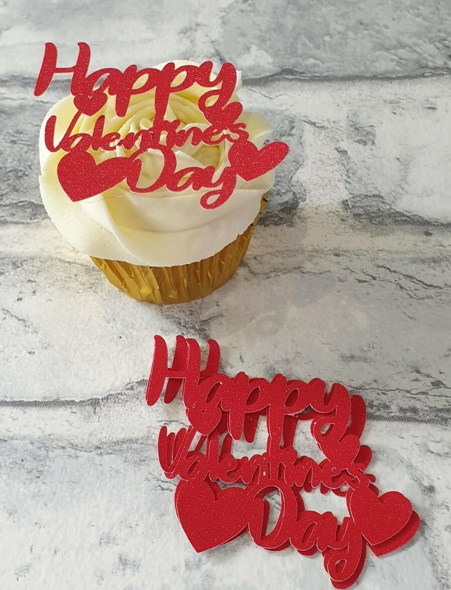 12 x Happy Valentines Day Cupcake Toppers, Red Glitter, 7.5 x 7.5 cm