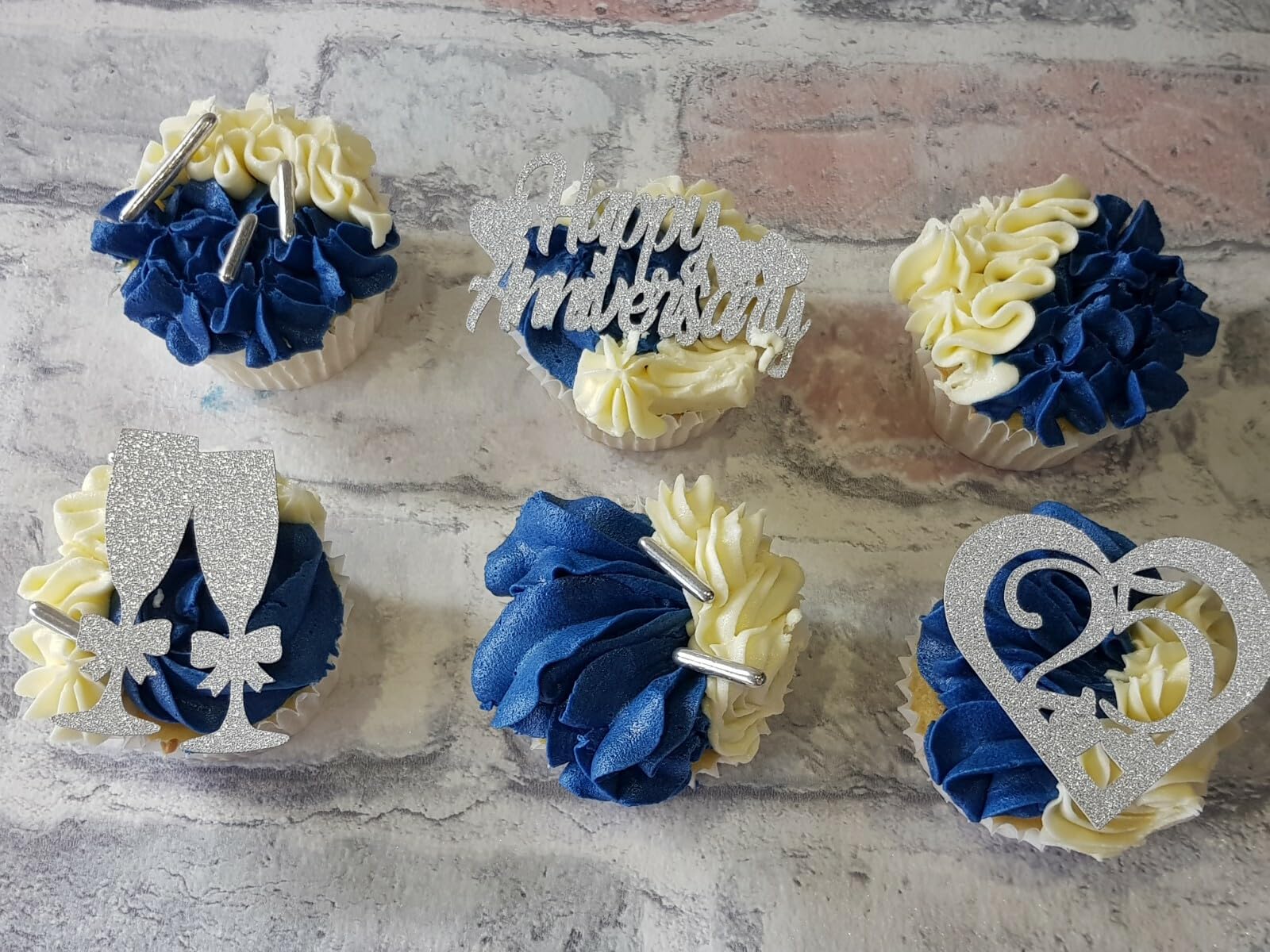 12 Happy 25th Silver Wedding Anniversary Non Edible Cupcake Toppers, 3 Designs, Silver Glitter Cardstock