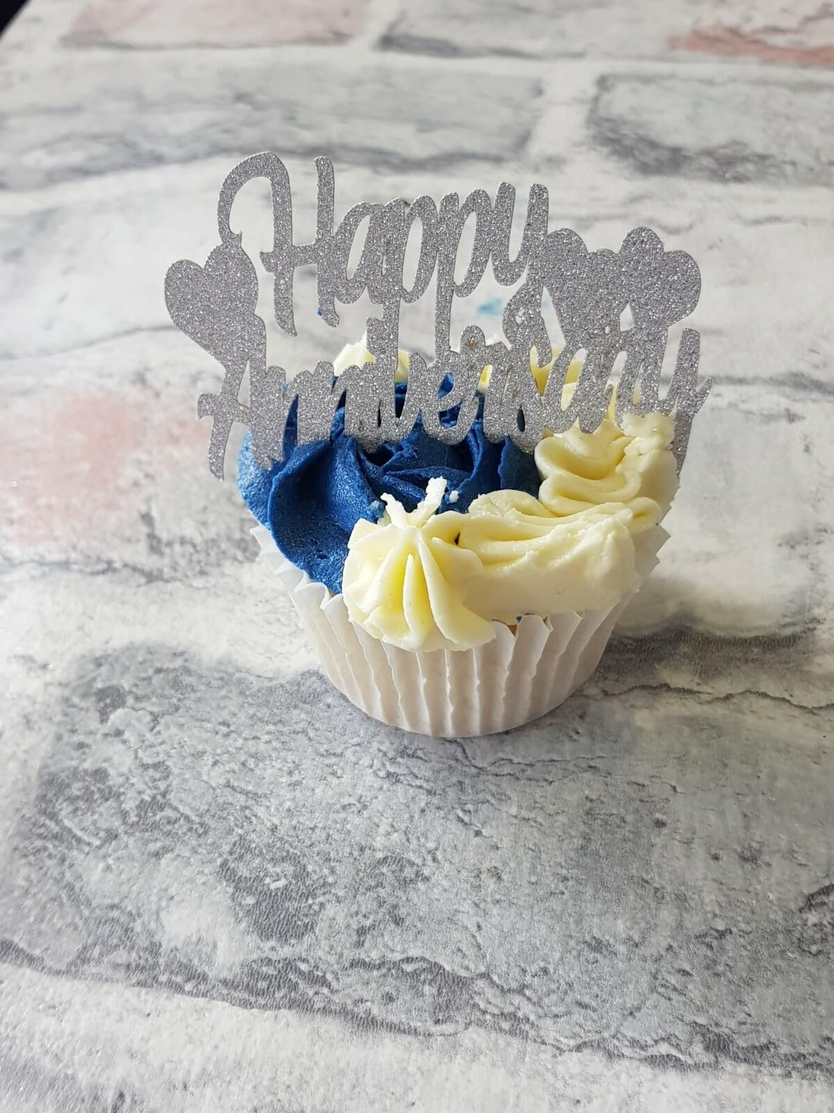 12 Silver Happy Anniversary Cupcake Toppers, 3 cm x 6 cm, Glitter Cardstock
