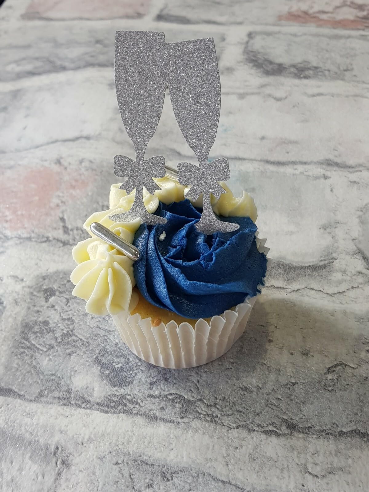 6 Silver Cheers Champagne Glass Cupcake Toppers, Wedding Celebration, 6cm x 4cm