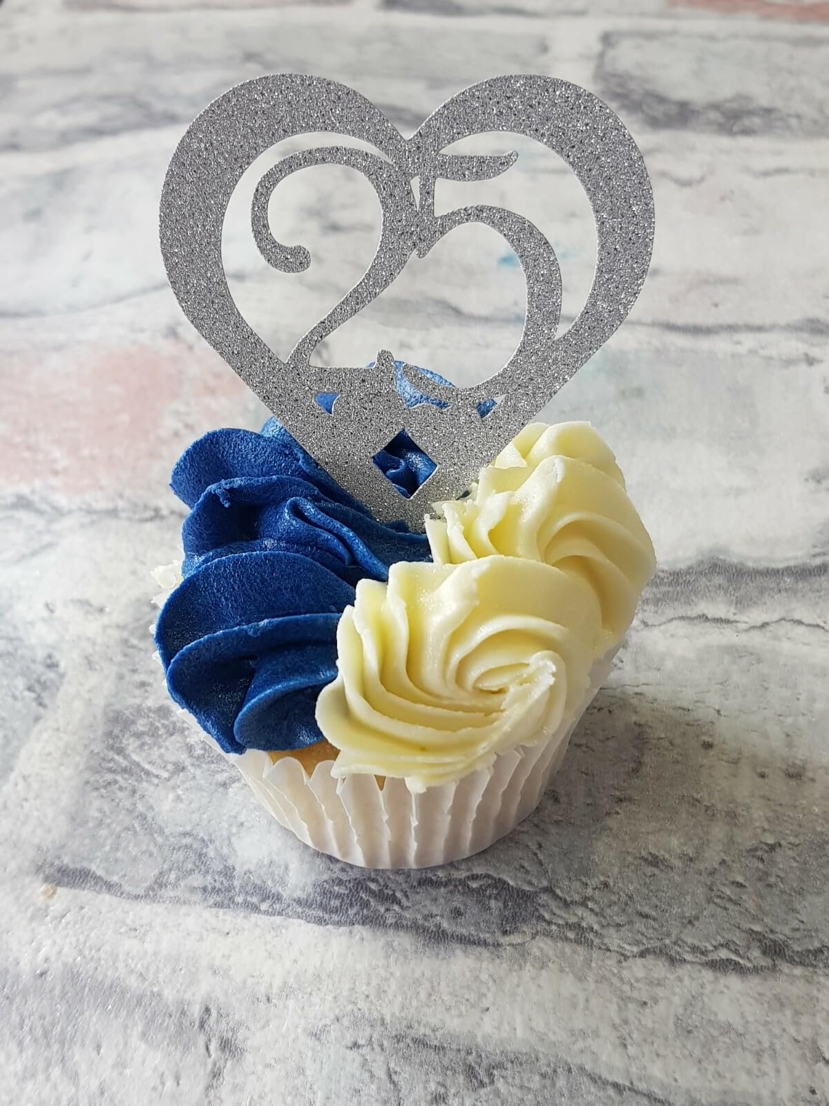 12 Silver 25th Anniversary Heart Cupcake Toppers, Non Shed Glitter Card, 6cm x 6cm