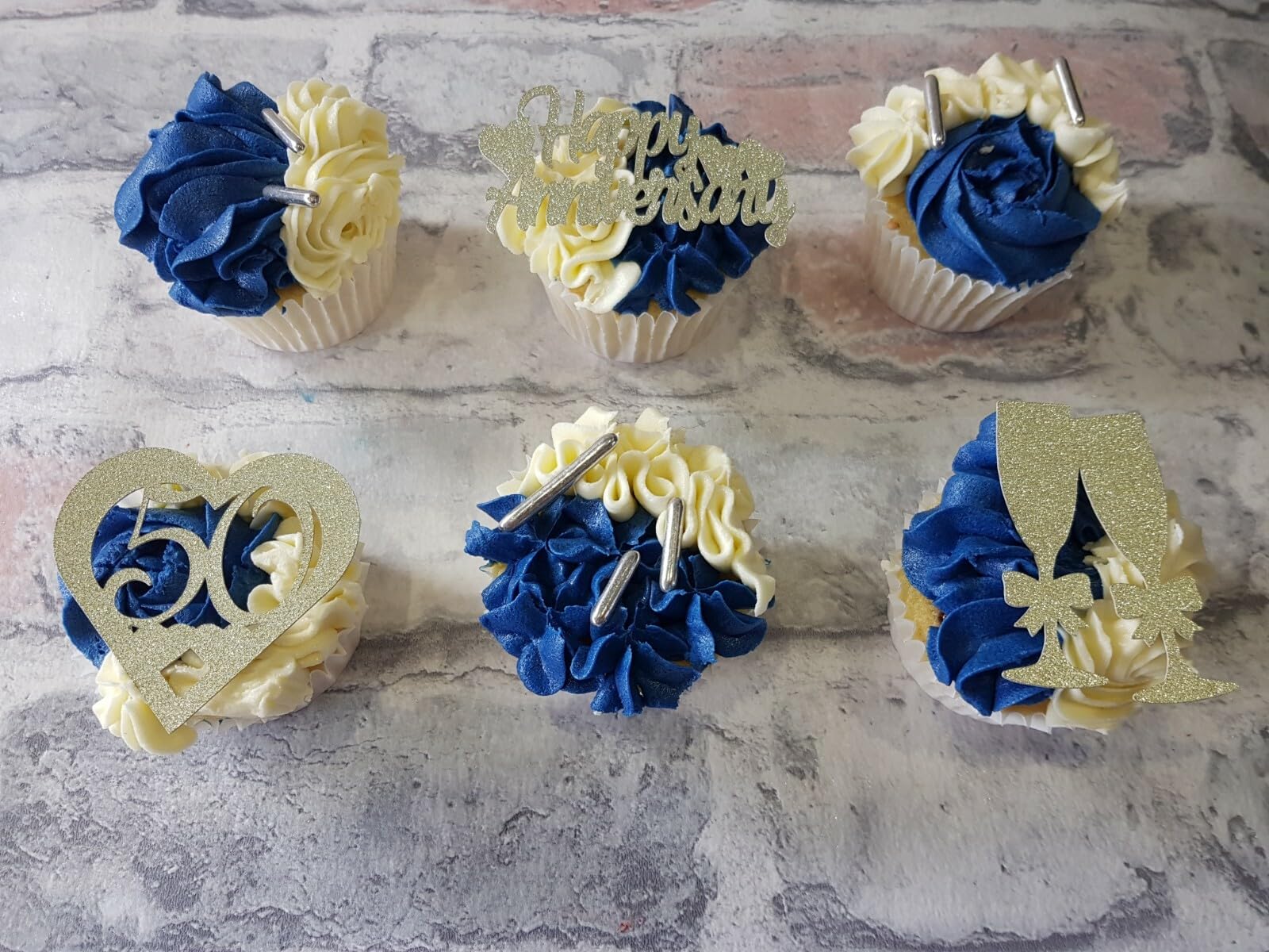 12 Golden 50th Anniversary Cupcake Toppers, Ivory Gold, 3 Designs