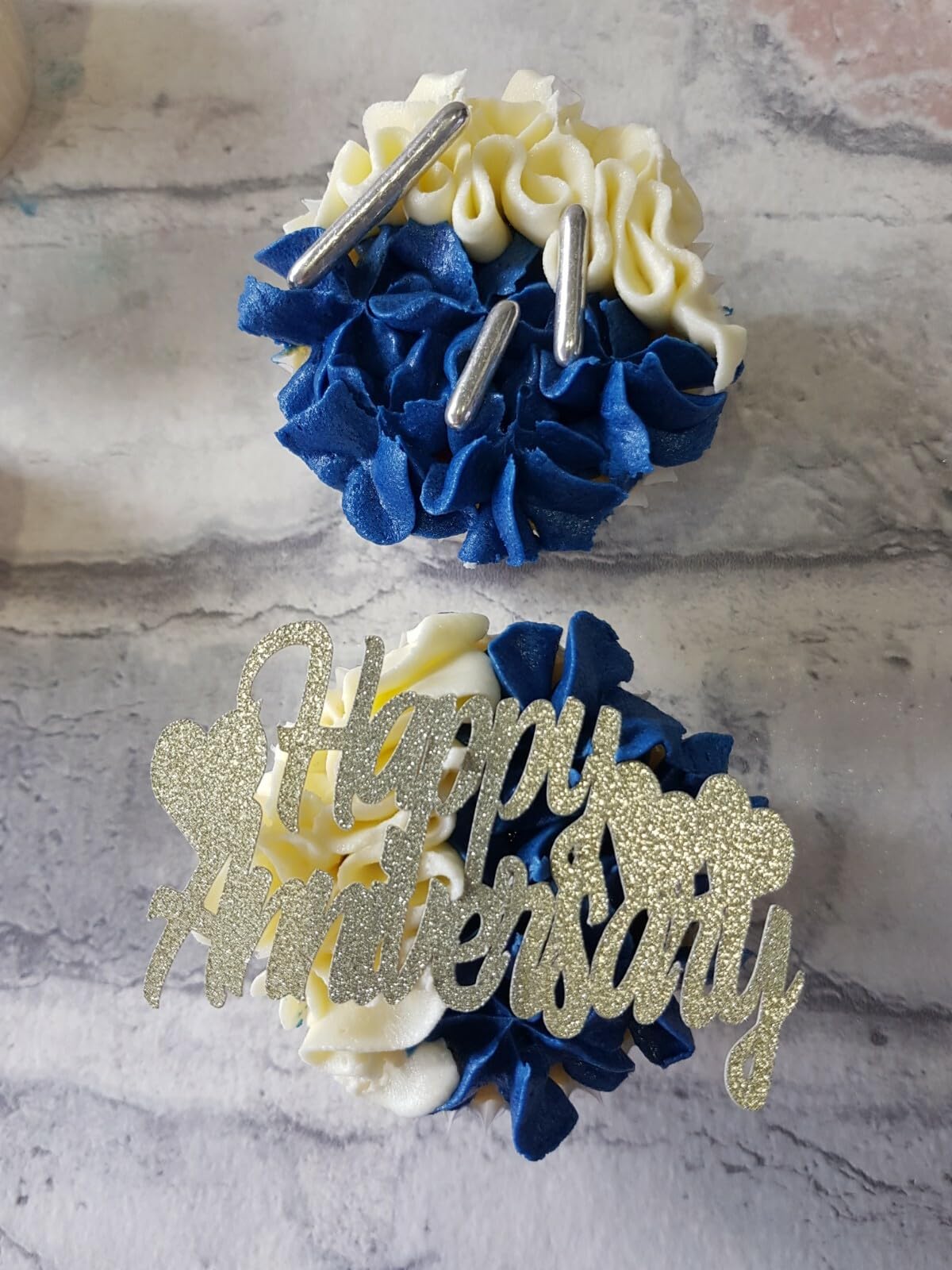 12 Happy Anniversary Cupcake Toppers, Gold, 4cm x 8cm, Cardstock