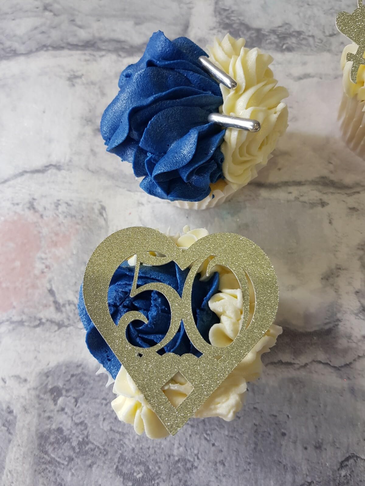 12 Happy Anniversary 50th Heart Cupcake Toppers, Ivory Gold, 6 cm Height, Non Shed Glitter Card