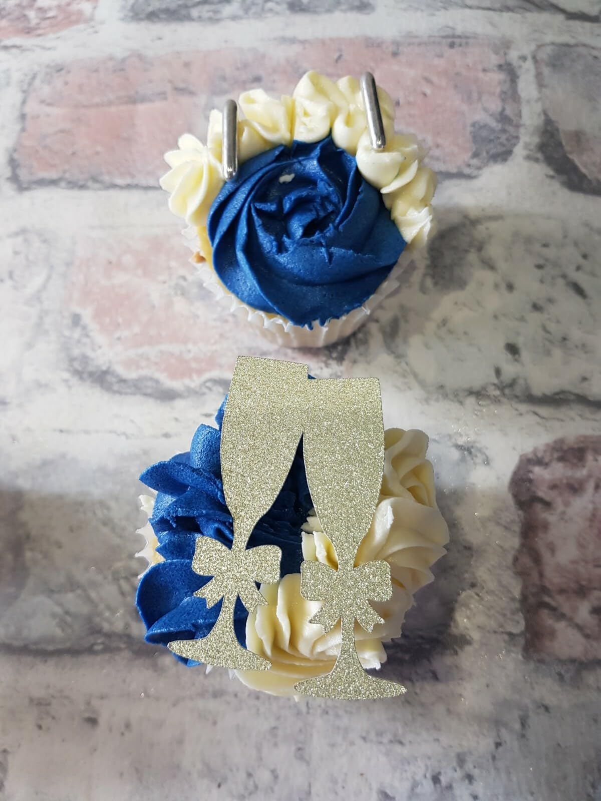 12 Gold Champagne Glass Cheers Cupcake Toppers, Party Celebration, Gold Glitter, 6cm x 3.5cm