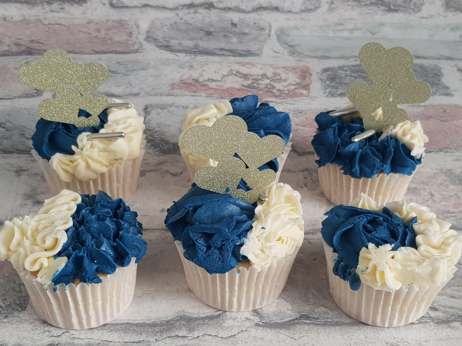 6 Gold Glitter Card Heart Cluster Cupcake Toppers, Wedding, Baby Shower, 5.5 cm High, 5 cm Wide