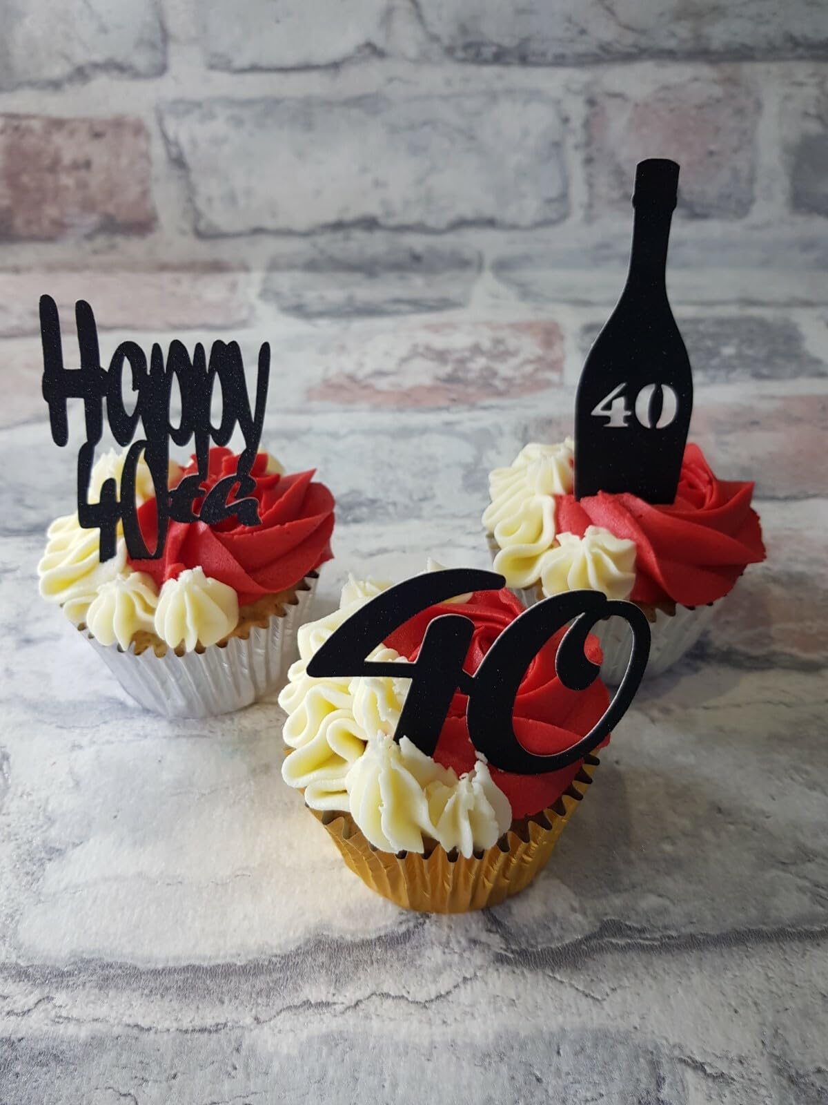 12 Black Happy 40th Birthday Cupcake Toppers, 3 Designs, Glitter Card, Non-Edible