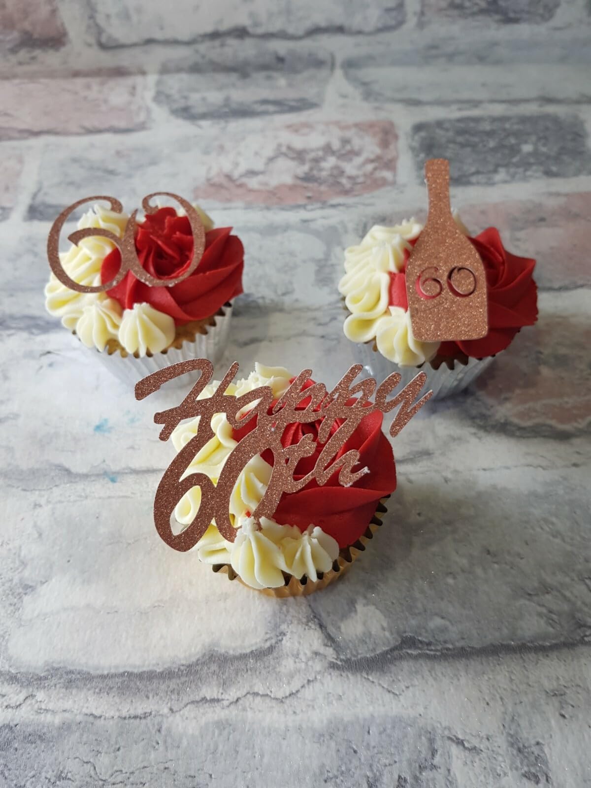 12 Rose Gold Happy 60th Birthday Cupcake Toppers, 3 Design Variety Pack, Non-Edible Glitter Card