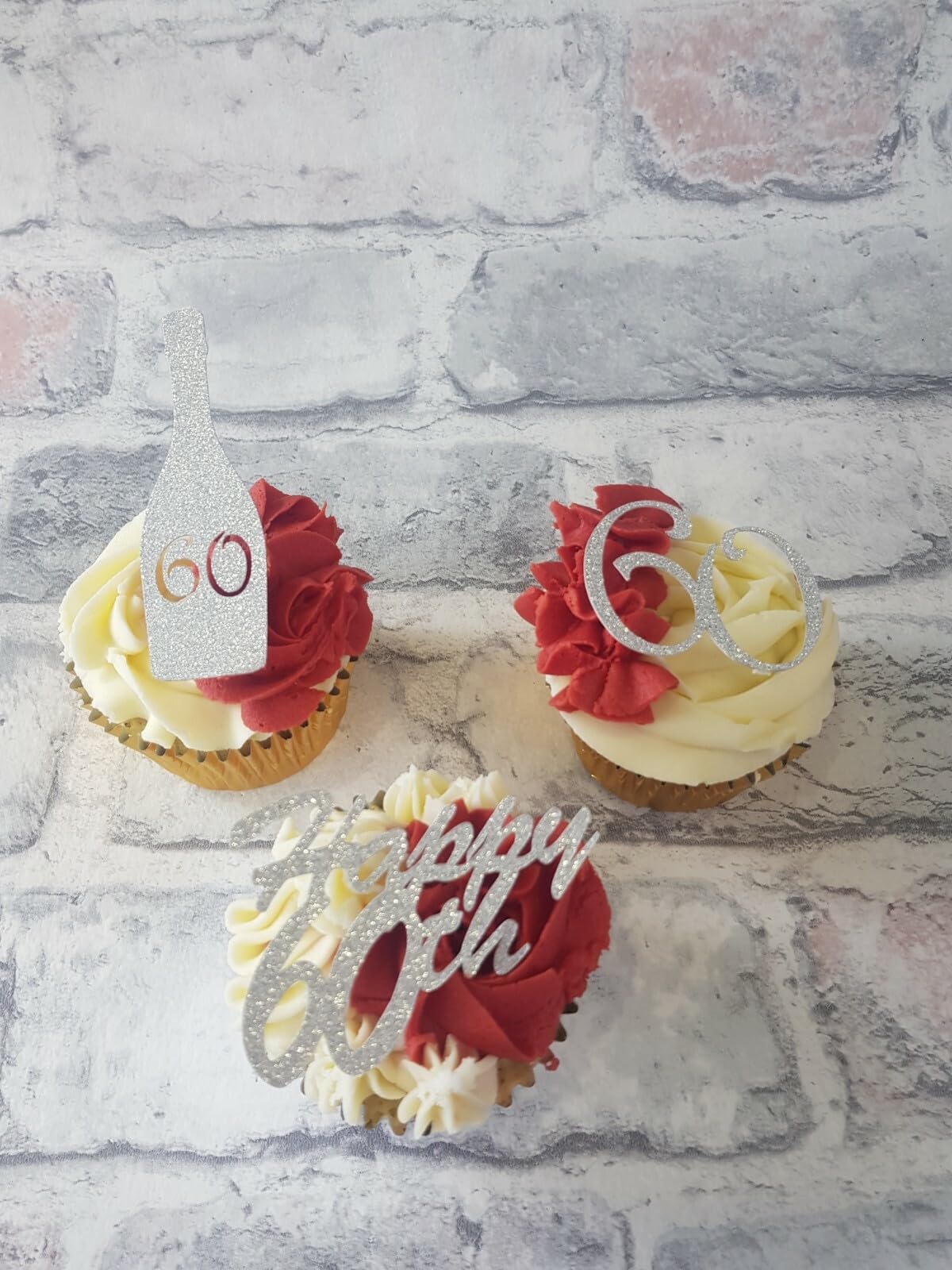 12 Silver Non Shed Happy 60th Birthday Cupcake Toppers, 3 Designs, 4 of Each