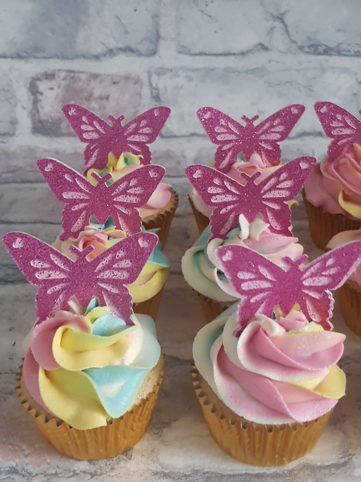12 Pink Glitter Card Double Butterfly Cupcake Toppers, 6cm x 5cm