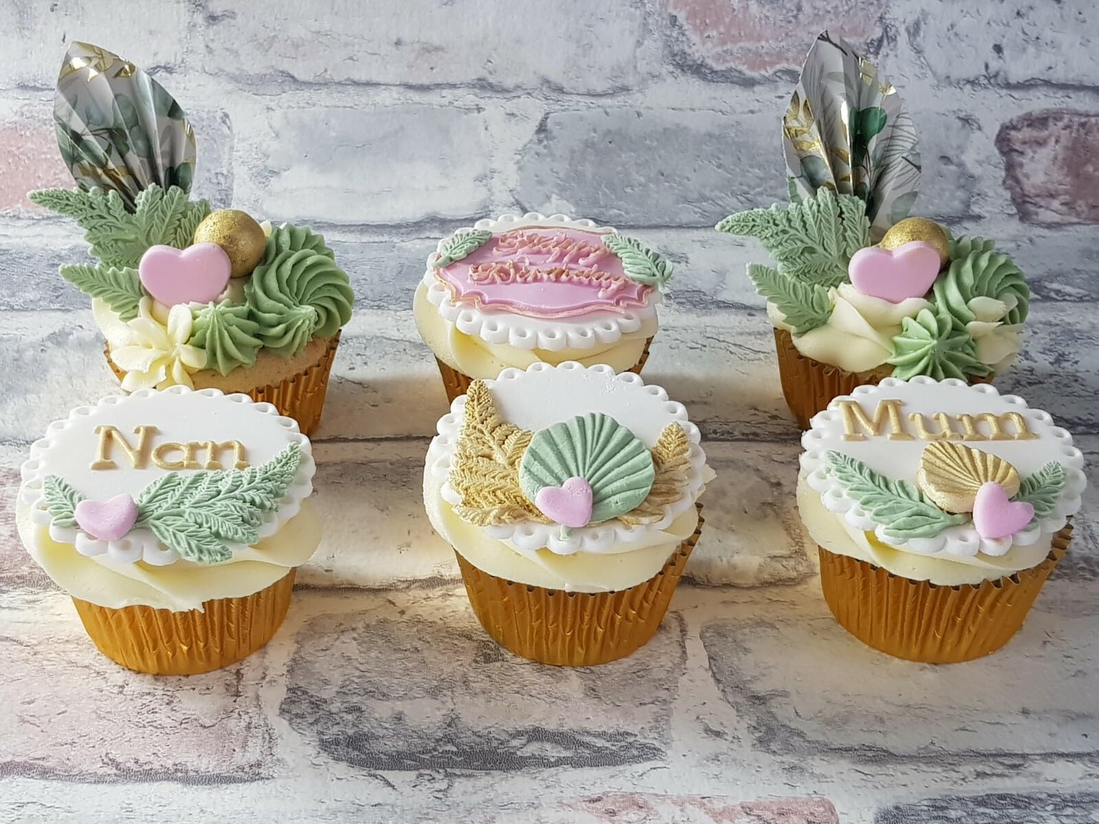 6 Green and Gold Paper Cupcake Fans, Birthday, Anniversary, Wedding, Engagement, 5cm Height