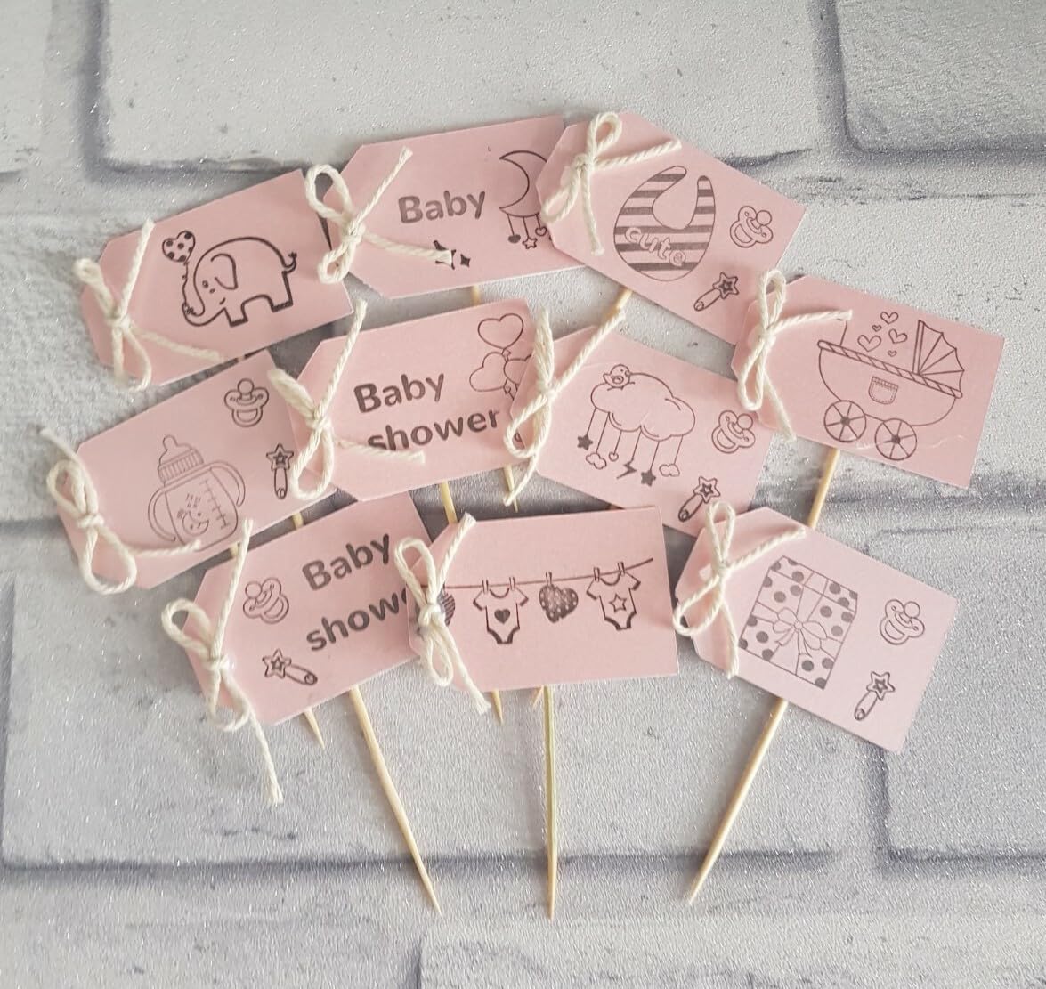 10 Pink Gift Tag Baby Shower Cupcake Toppers with Bows, 3.5x6 cm