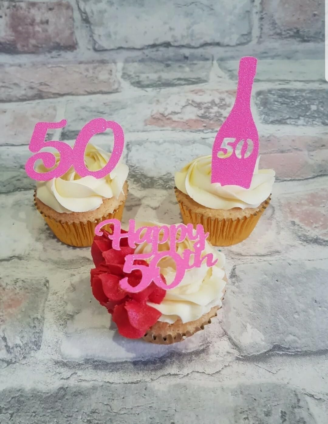 6 Bright Pink Glitter Card Happy 50th Birthday Cupcake Toppers, Champagne Bottle and Number 50 Designs