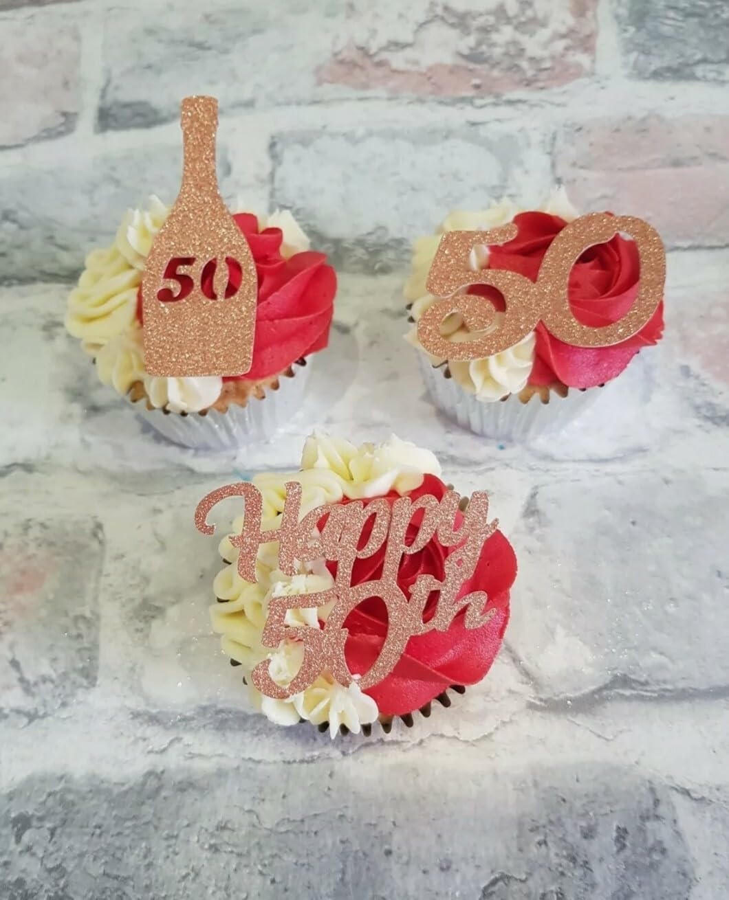 Rose Gold Glitter Card Happy 50th Birthday Cupcake Toppers, 6 Pack