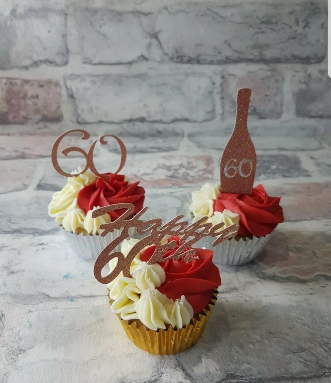 Happy 60th Birthday Cupcake Toppers, Rose Gold Glitter Card, 12 Pieces