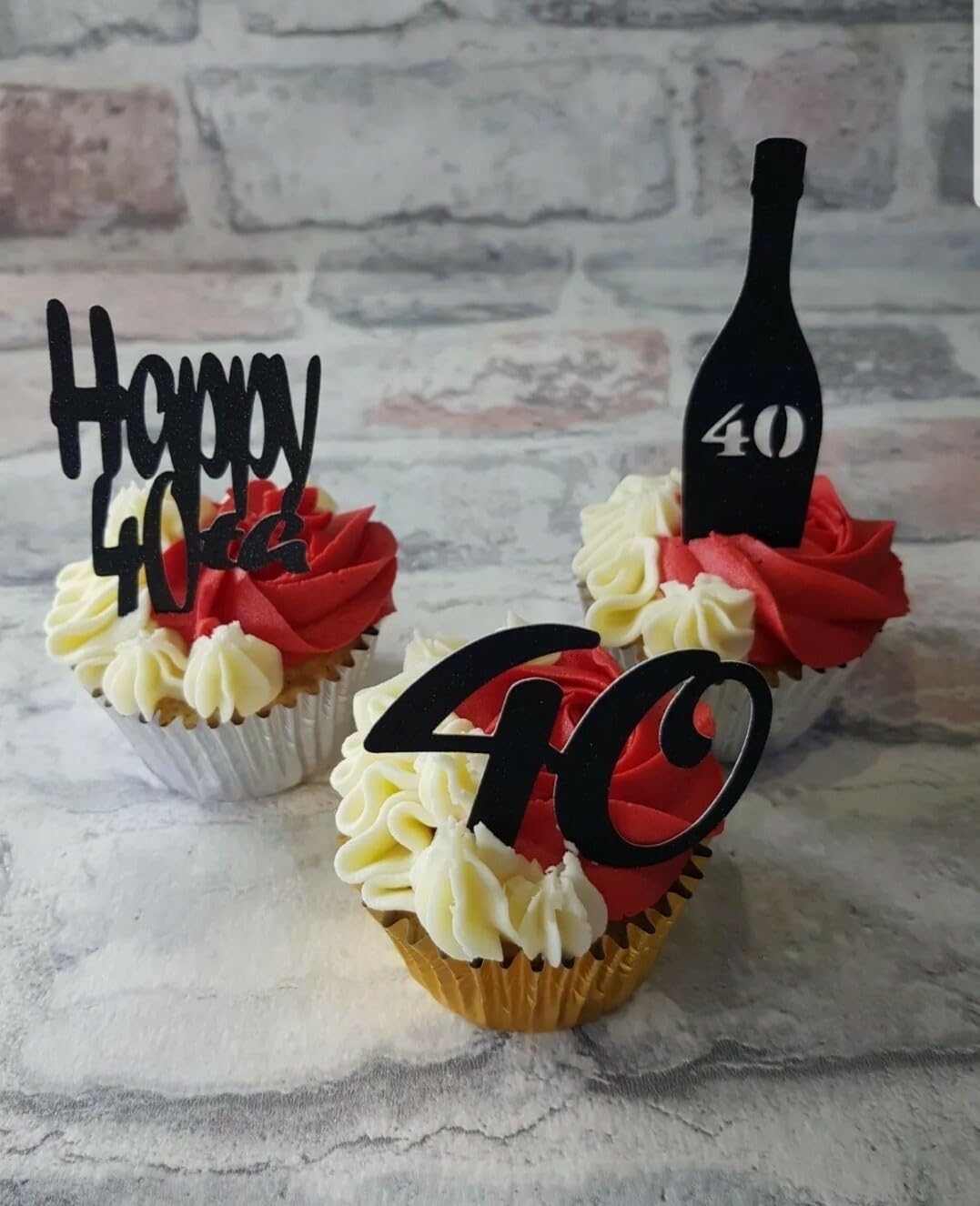 Happy 40th Birthday Cupcake Toppers, Black Glitter Card, 6 Pack with Champagne Bottle and Number 40 Designs