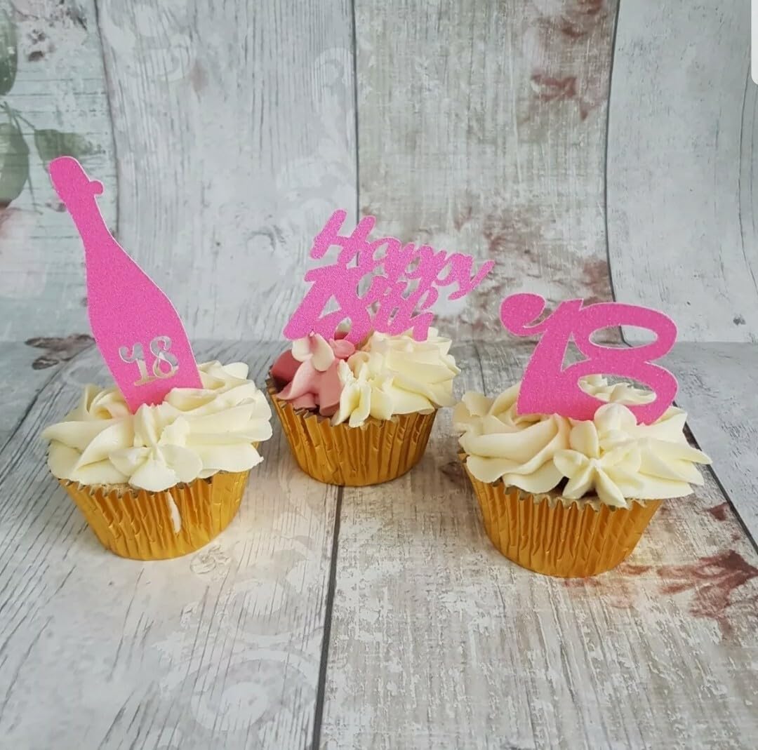 Happy 18th Birthday Cupcake Toppers, Bright Pink Glitter Card, 6 Pack