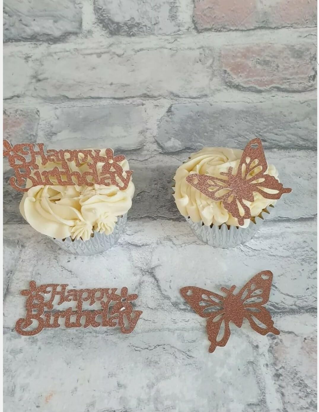 6 Rose Gold Glitter Happy Birthday and Butterflies Cupcake Toppers, Cardstock Cake Decorations