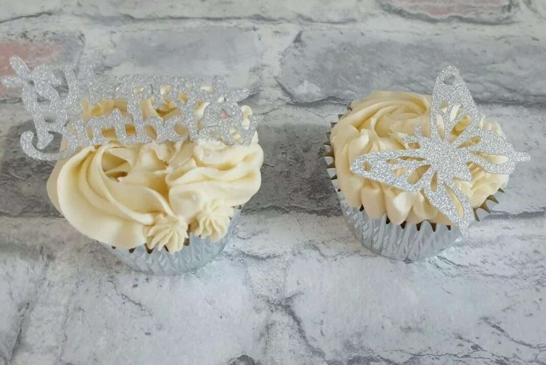 Silver Glitter Happy Birthday and Butterfly Cupcake Toppers, 6 Pack, 3.5x6 cm