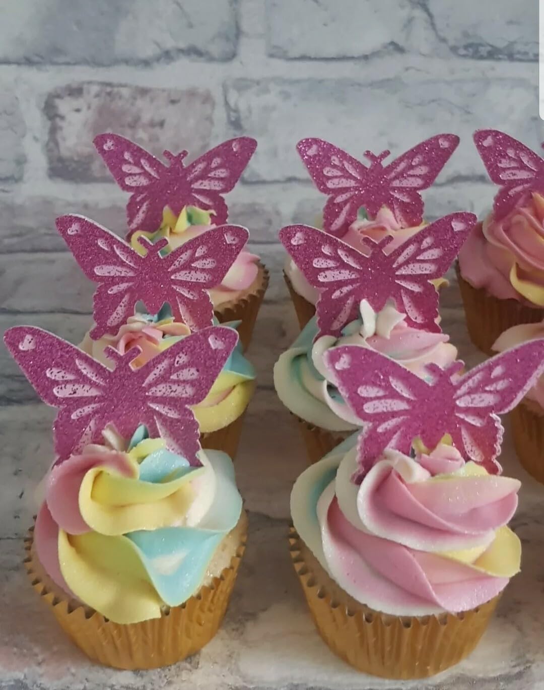 6 Pink Glitter Butterfly Cupcake Toppers, Birthday and Babyshower, Two Colour Design, 6cm x 5cm