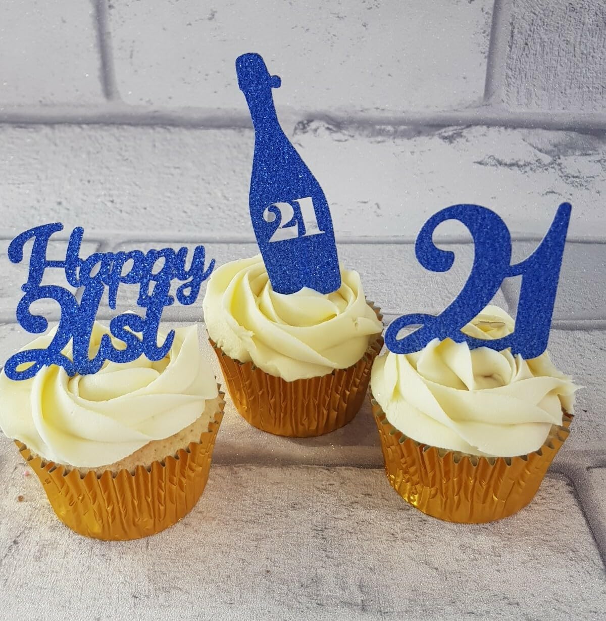 6 Happy 21st Birthday Cupcake Toppers, Royal Blue Glitter, 3 Designs