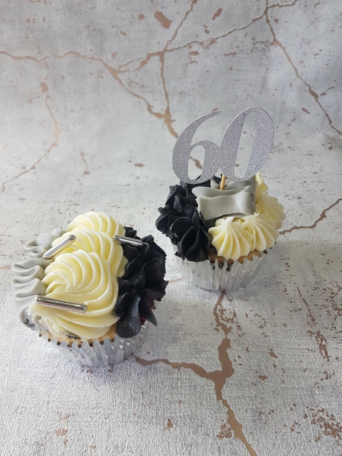 6 Glitter Card Number 60 Cupcake Toppers, Birthday, Anniversary, Silver, 6.35 cm