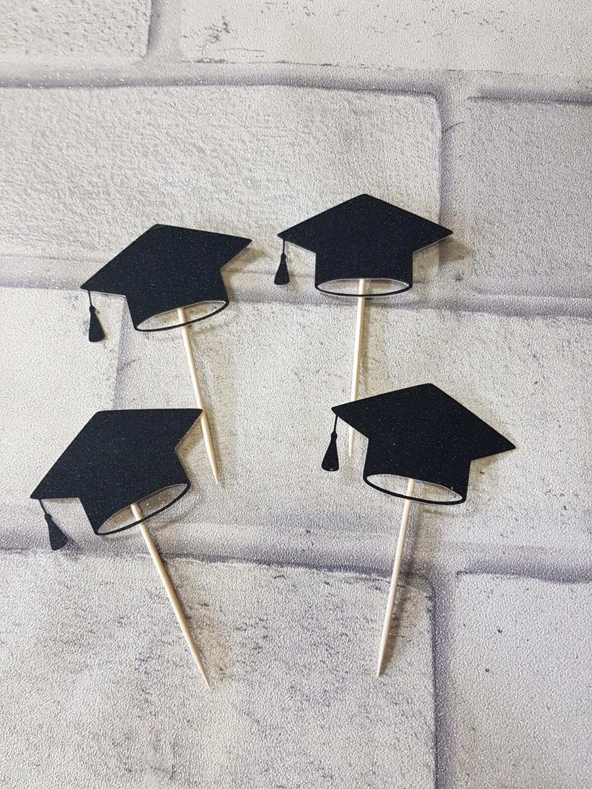 12 Black Glitter Graduation Cap Mortarboard Cupcake Toppers, 6cm x 4cm