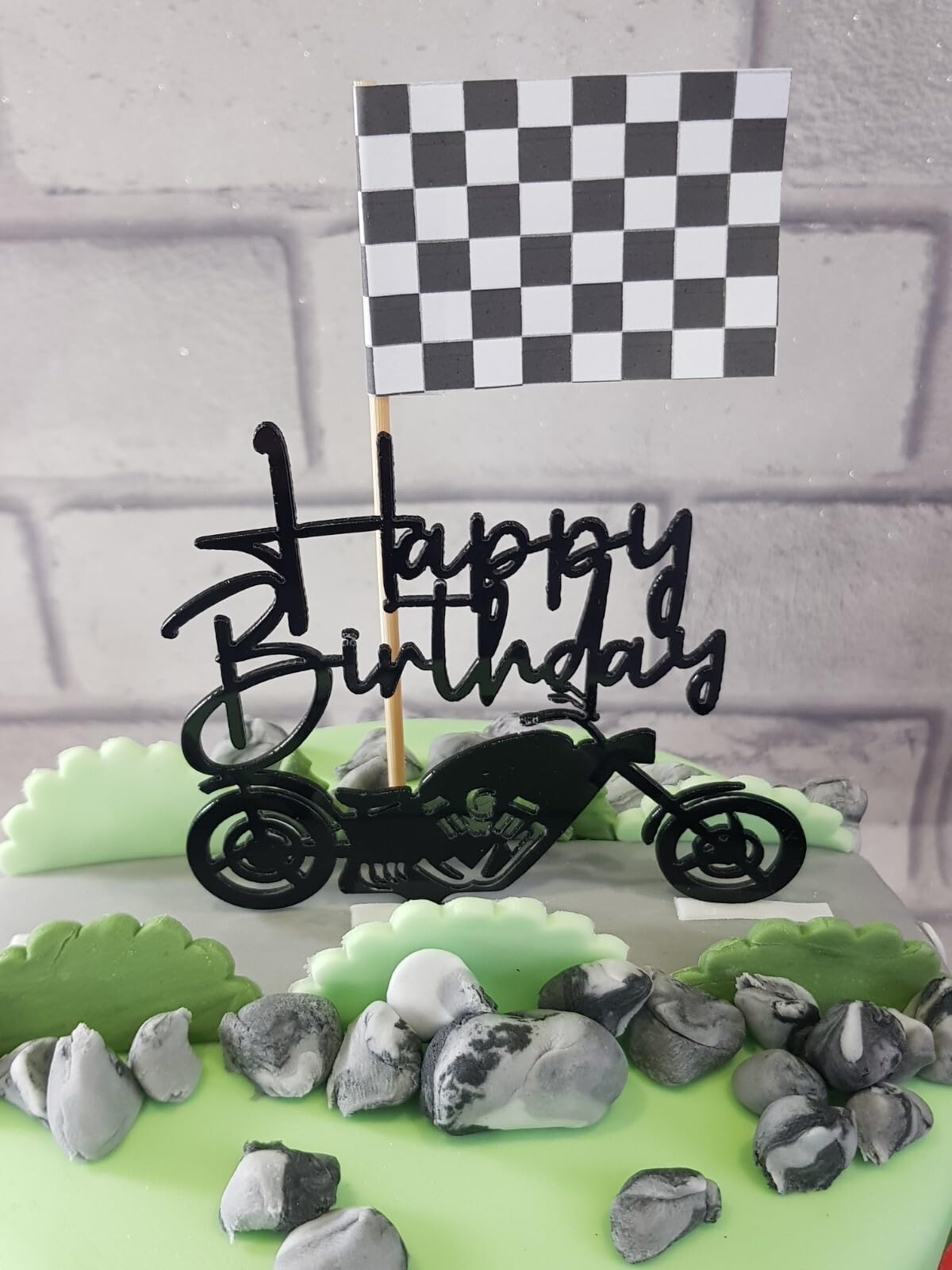 Black Acrylic Happy Birthday Motorbike Cake Topper with Checkered Flag, 15 cm Height