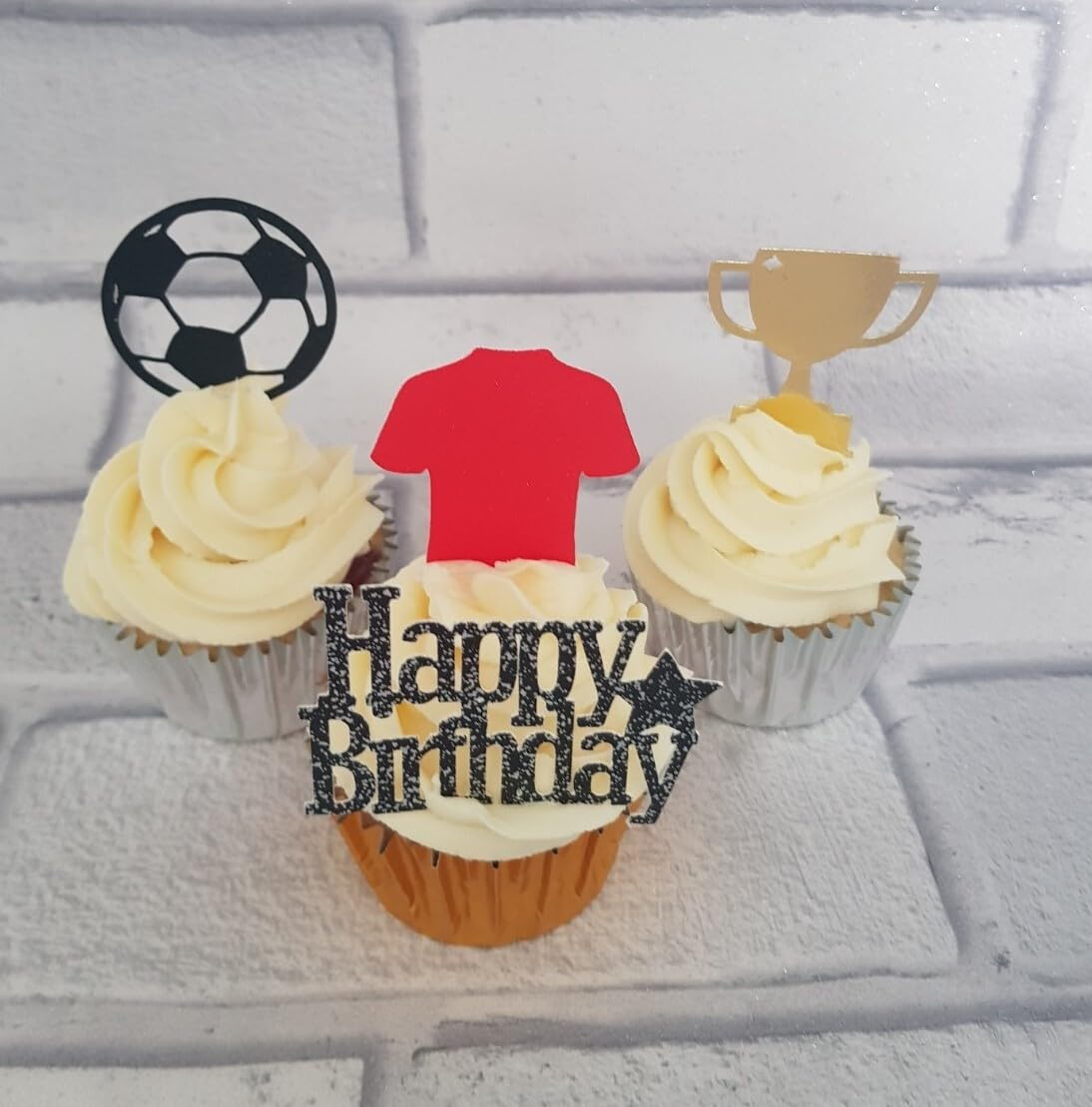 12 Red and Black Football Design Happy Birthday Cupcake Toppers in 4 Designs, Cardstock, 12 Count
