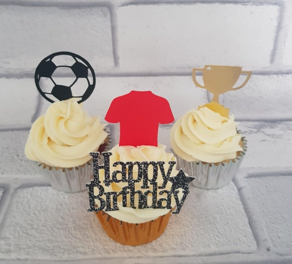 6 Happy Birthday Football Design Cupcake Toppers, Gift Tags, Multi-Colour, 6 cm Height