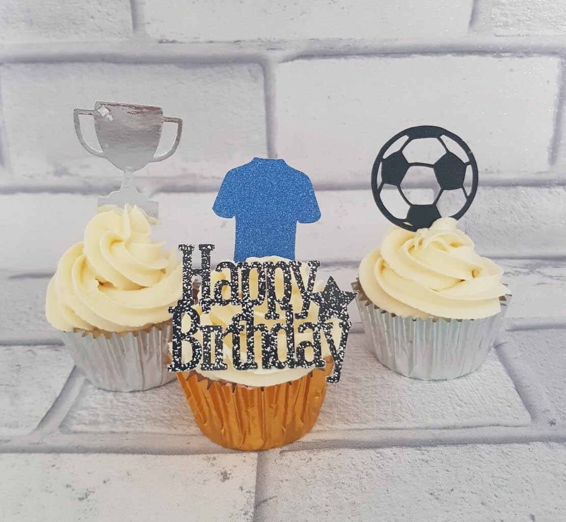 12 Happy Birthday Football Cupcake Toppers, Blue and Black, 4 Designs with Trophy, Ball, Shirt