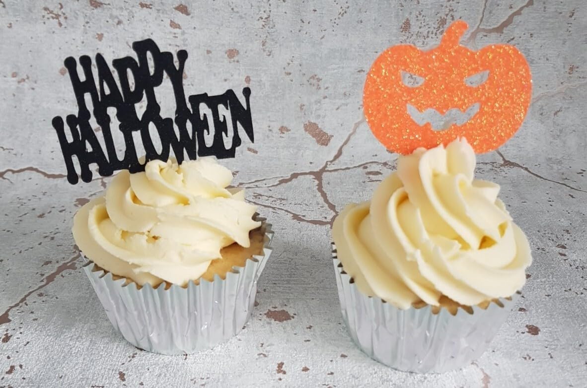 Halloween Cupcake Toppers Set of 12, Pumpkins & Happy Halloween Designs, Black & Orange Glitter, 6 cm x 4 cm