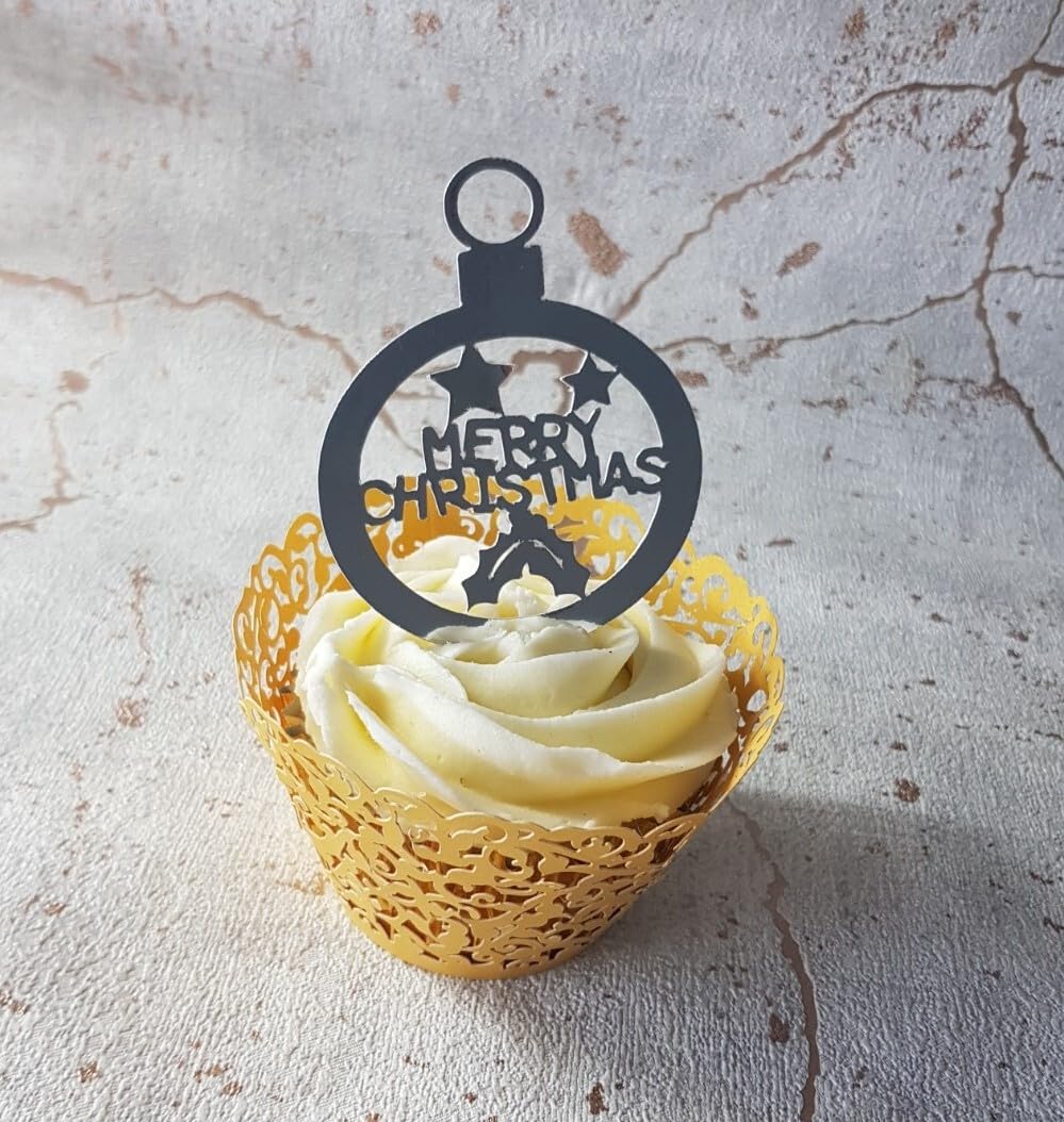Christmas Bauble Cupcake Toppers, Silver Mirror Card, 6 cm Diameter, 12 Count
