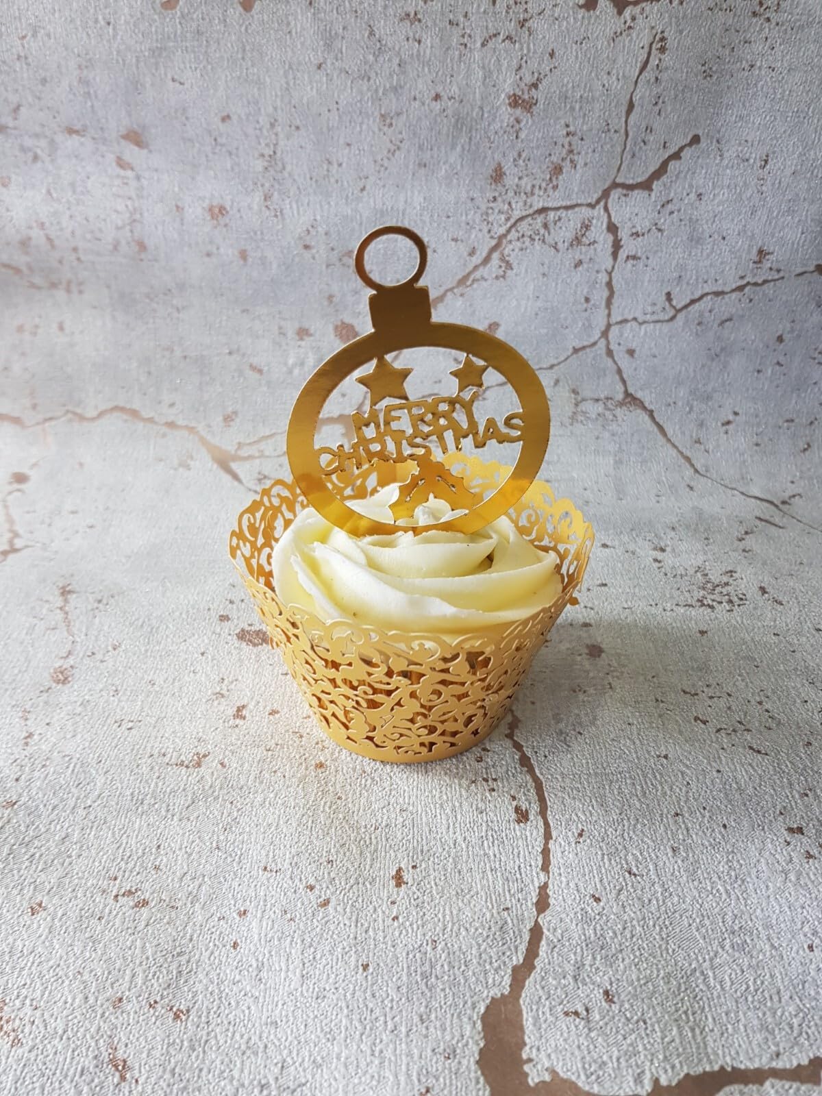 12 Gold Mirror Card Christmas Bauble Cupcake Toppers, 6 cm Diameter