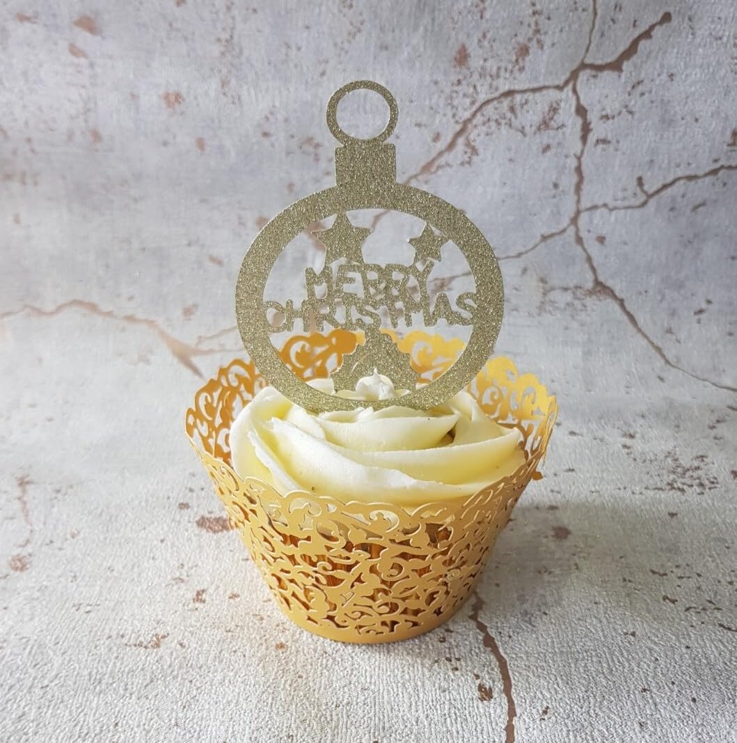 12 Christmas Bauble Cupcake Toppers, Ivory Gold Glitter Card, 6 cm Diameter