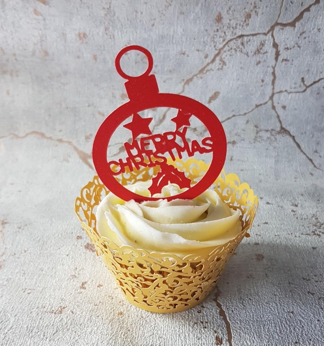 Christmas Bauble Cupcake Toppers, Red Glitter Card, 6 cm Diameter, 12 Count
