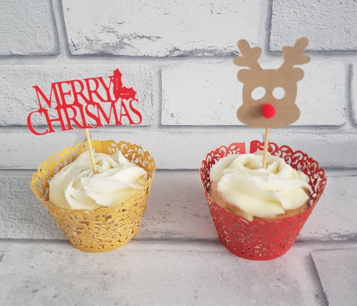 12 Merry Christmas and Rudolph Cupcake Picks, Toppers, Red and Gold, 6cm Height