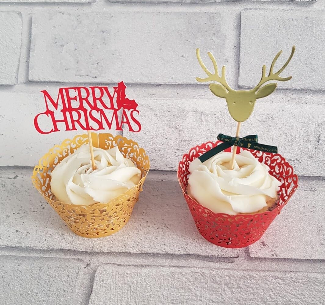 12 Piece Christmas Cupcake Toppers, Red Merry Christmas and Gold Stag with Bow, 6cm Height