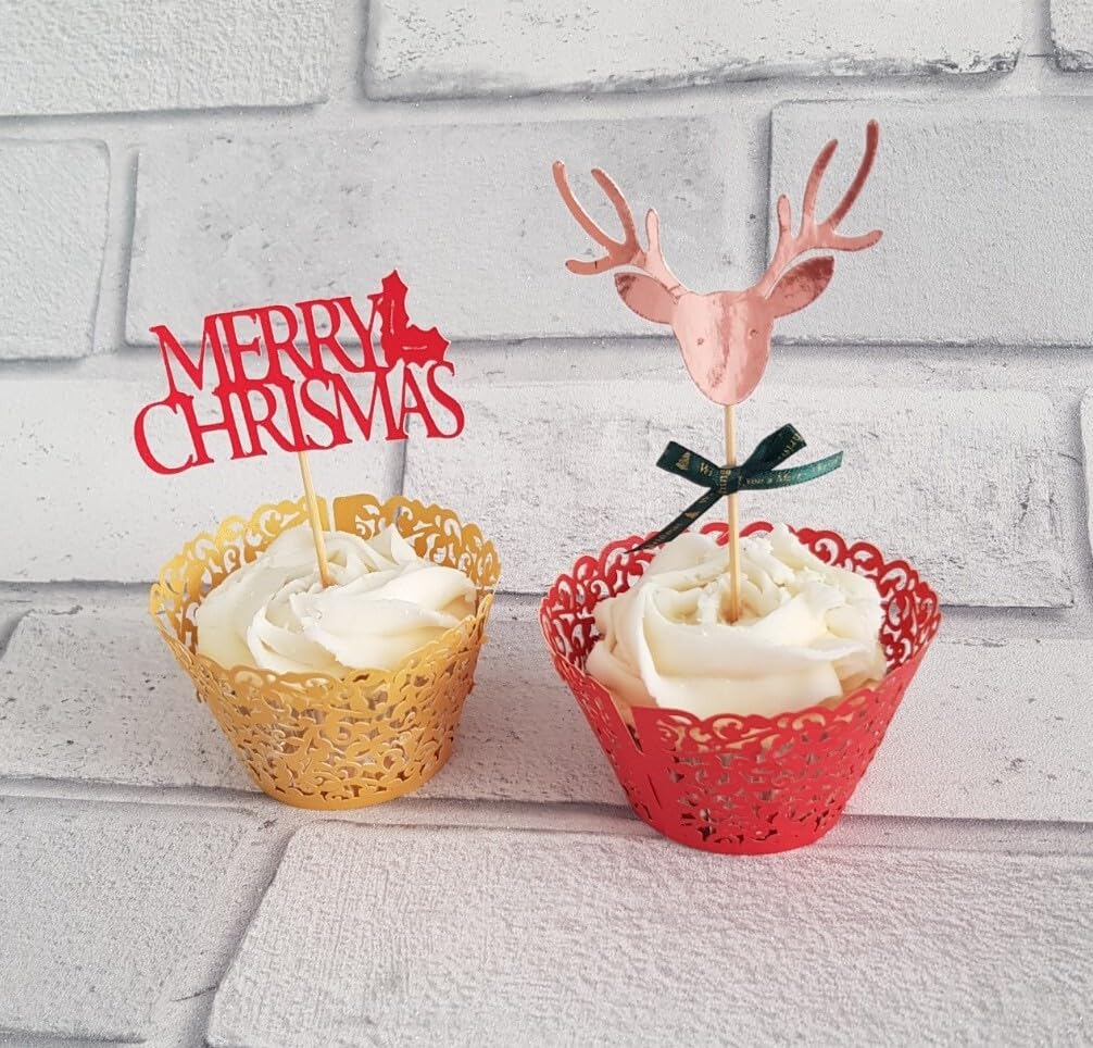 12 Merry Christmas Cupcake Toppers, Rosegold Stag with Red Glitter, Festive Cake Decorations
