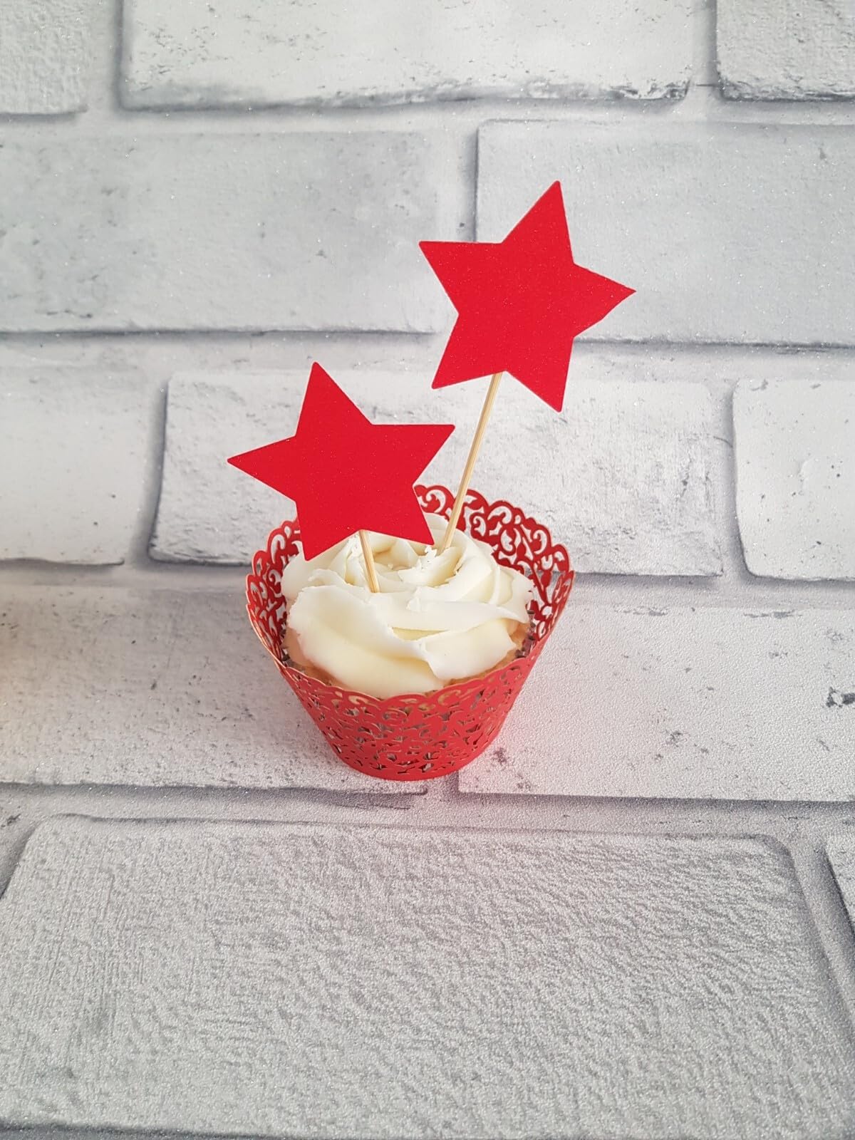 12 Glitter Card Star Cupcake Picks, Birthday and Christmas, Red, 6cm Height