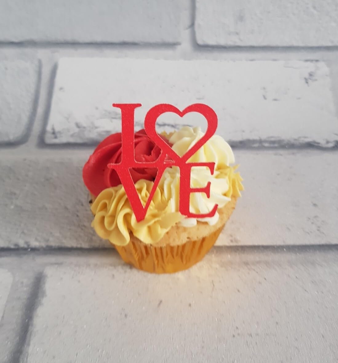12 Red Glitter Card LOVE Valentines Day Cupcake Toppers, Wedding Engagement, 4x5 cm
