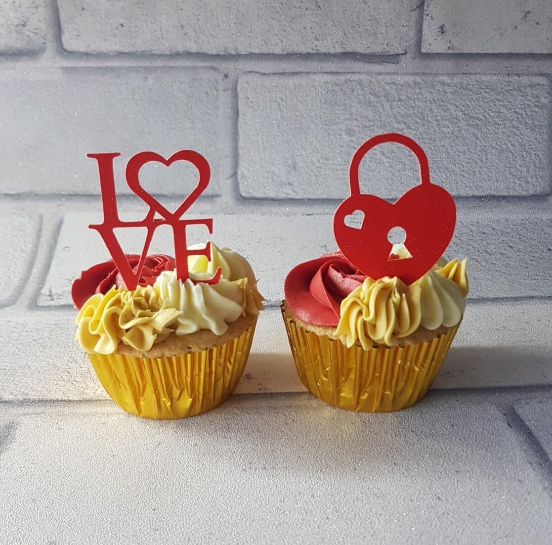 12 Red Glitter Card LOVE/Padlock to My Heart Valentines Day Cupcake Toppers, 3.5x6 cm