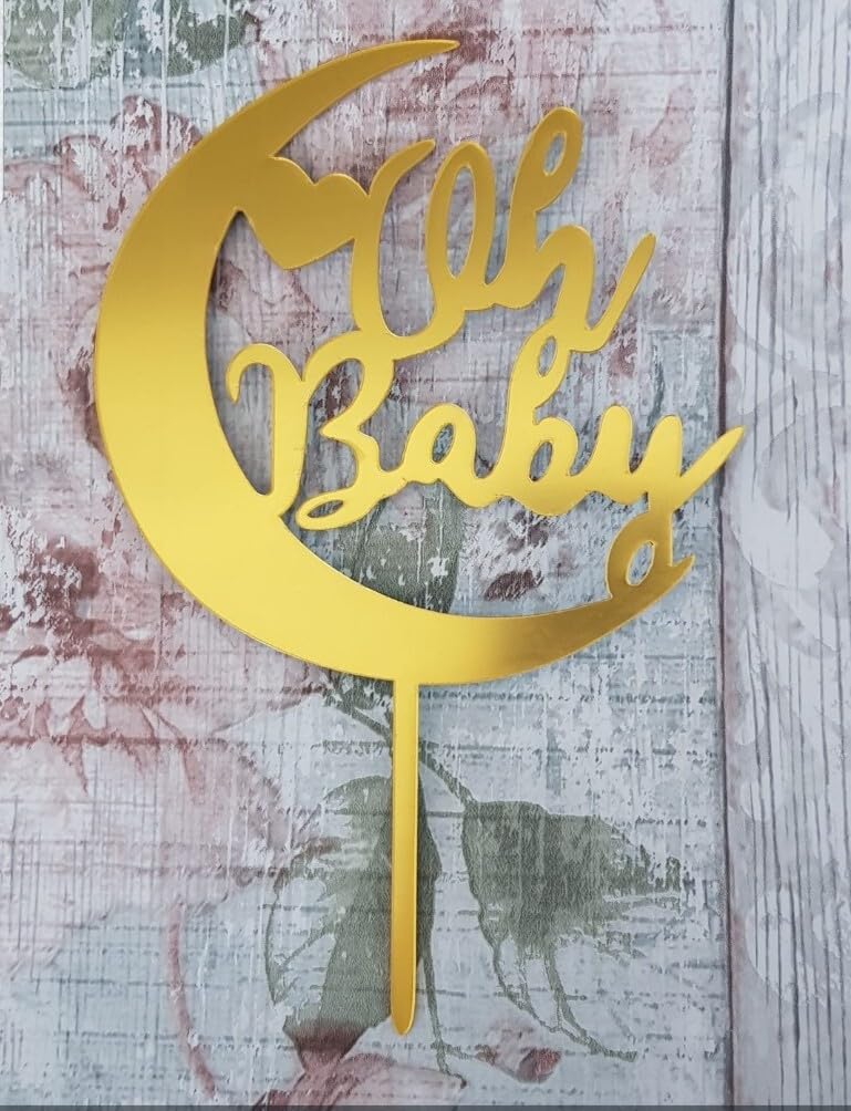 Gold Acrylic Oh Baby Moon Cake Topper, Baby Shower, Gender Reveal, 17cm Height